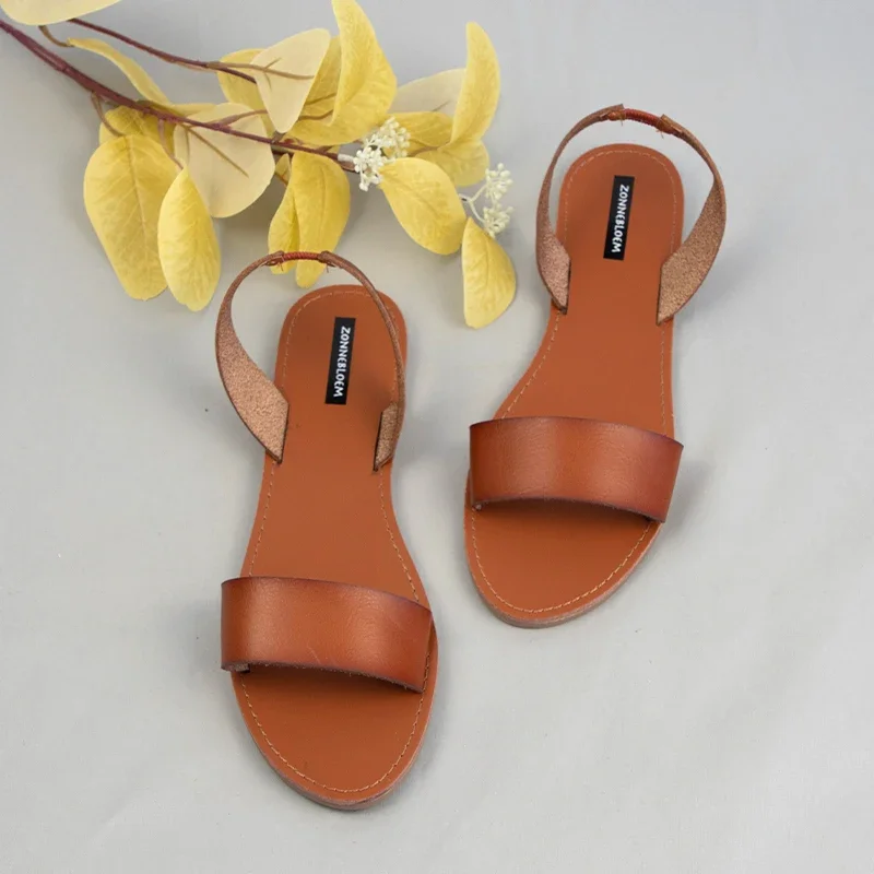 Sandals Women for 2024 Summer Beach Shoes High Quality Leather  Woman Flat Style Back Strap Brand Ladies Shallow Footwear