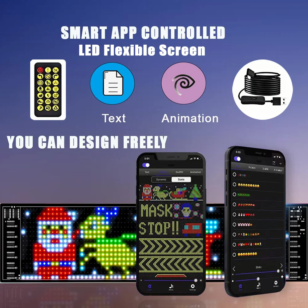 Flexible Digital Display, Programmable Scrolling LED Sign, USB & APP Control, Custom DIY Editor for Text, Patterns & Animations。