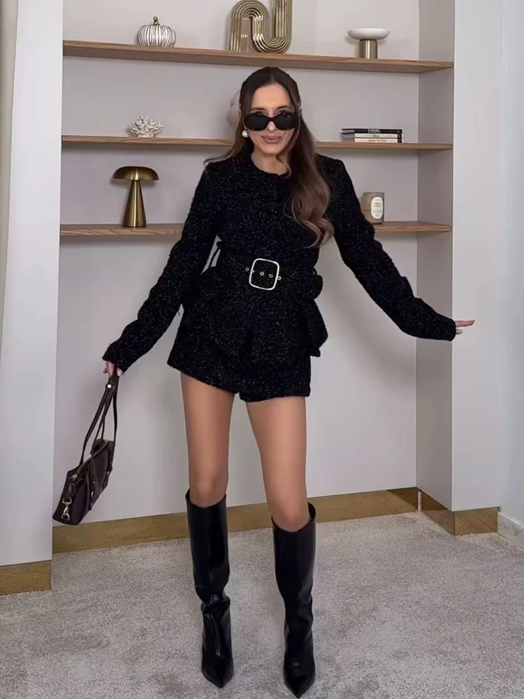 Tfmln conjunto de shorts femininos de inverno, textura elegante, cinto, decoração, gola redonda, jaqueta, cintura alta, saias, conjunto de moda