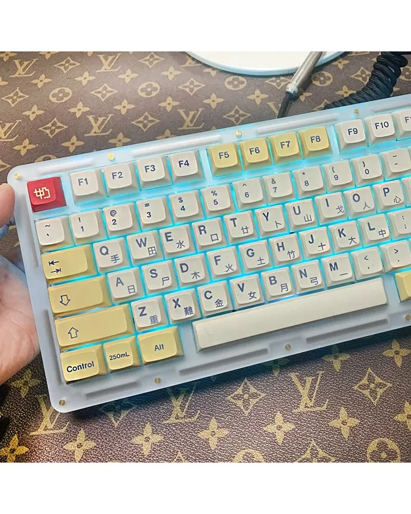 cute milk yellow blue keycaps set pbt dye sub keycaps with drink design for mechanical keyboards