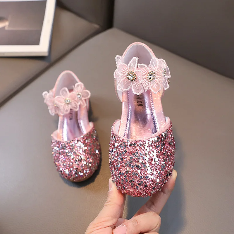 Sandales d'été en dentelle à paillettes pour petite fille, chaussures de performance à fleurs scintillantes pour enfants, spectacle sur scène, mode princesse