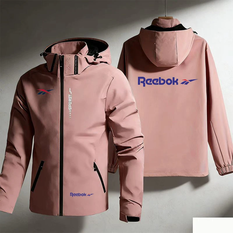 Wasserdichte und winddichte Herrenjacke mit Reebok-Logo, leichte und minimalistische Oberbekleidung, Outdoor-Regenjacke mit Kapuze, Wanderjacke und Outdoorjacke