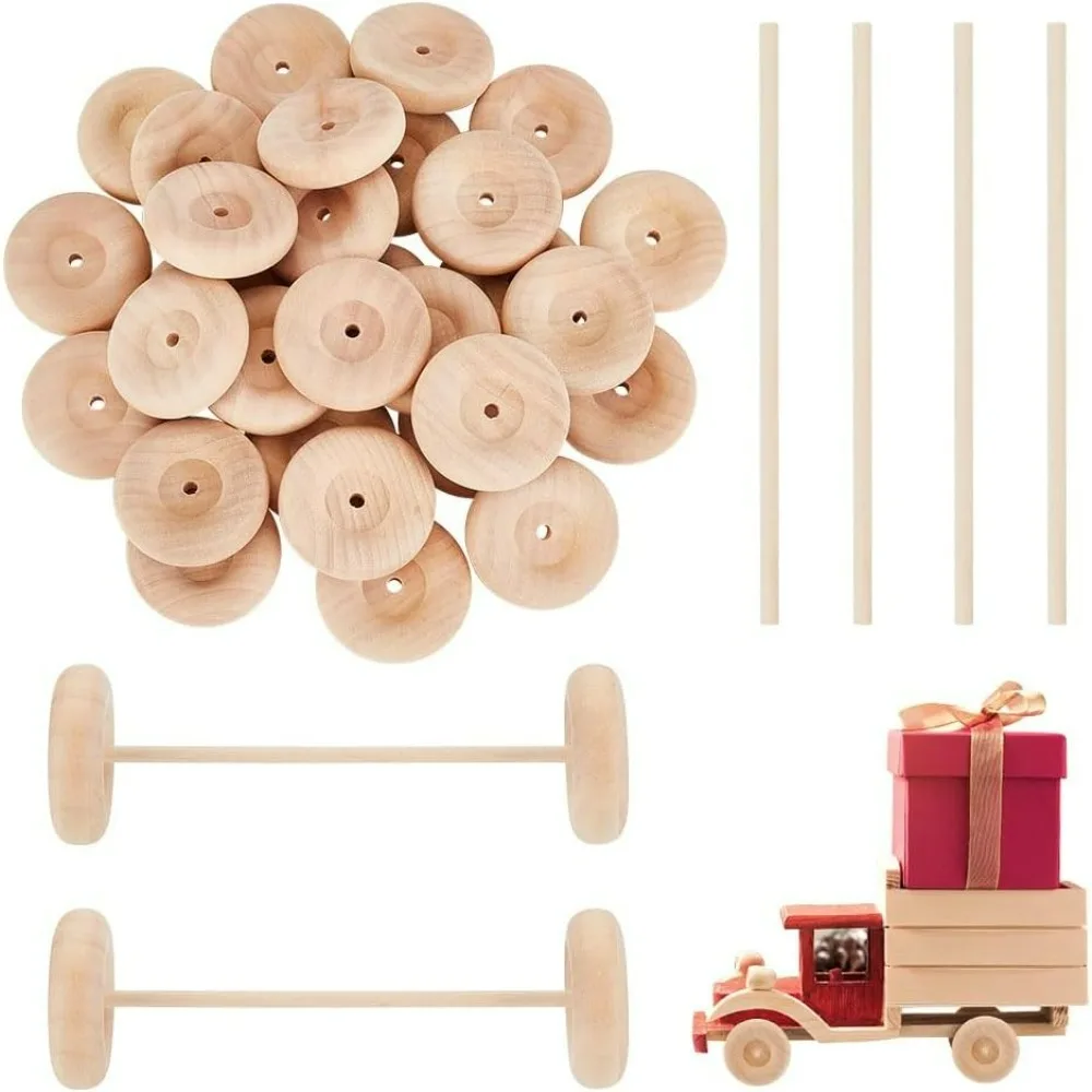 

30Pcs 1.9x0.6 Inch Wooden Craft Wheels with 15Pcs 5.9 Inch Wooden Sticks Unfinshed Wooden Wheel Large Wood Wheels Round Wooden