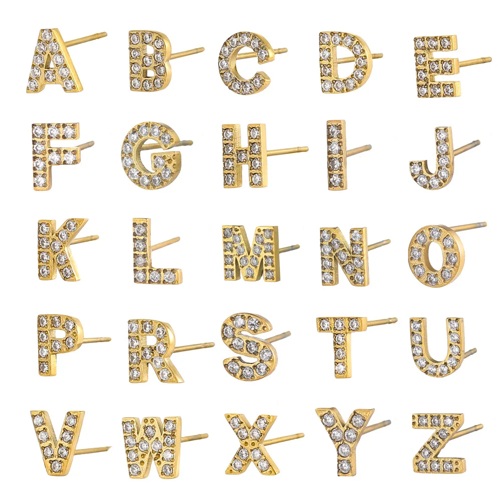 CARLIDANA A-Z Alphabet Initial 26-Buchstaben-Ohrstecker aus Edelstahl, vergoldet, kubischer Zirkon, gepflastert, Modeschmuck, CZ-Stein-Ohrstecker – Detail 7