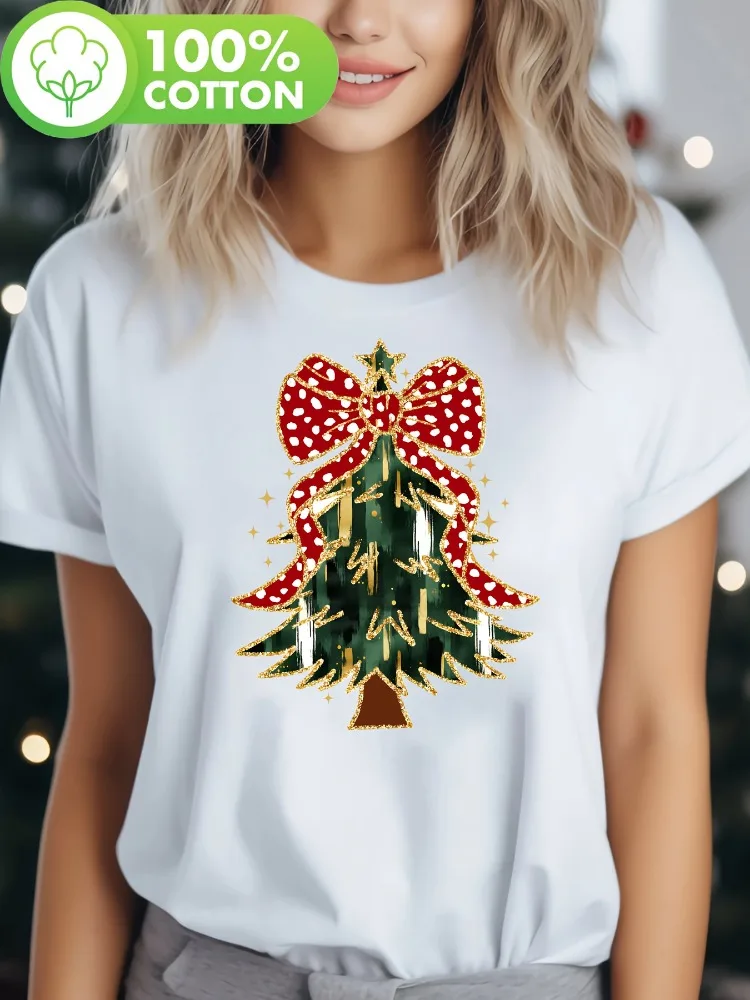 Women's Fashionable Christmas Tree Pattern T-shirt Casual Short-sleeved Round Neck Shirt with Red and Gold Sequin Bow Decoration