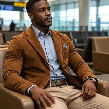 Men's Suede Brown Blazer Vintage Slim Fit Notched Lapel Formal Jacket High Quality Flap Pocket Sport Coat For Business Casual 4