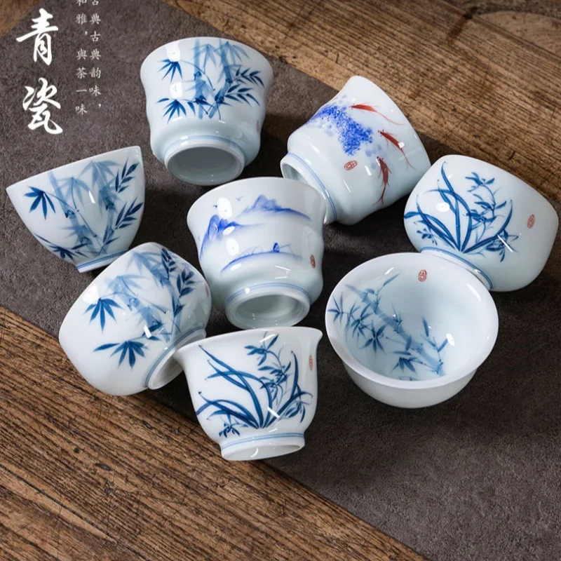 Clearance Special Price Tea Cup Ceramic Kung Fu Tea Set Tasting Cup Blue and White Master Cup Hand-painted Tea Bowl Blue Color S