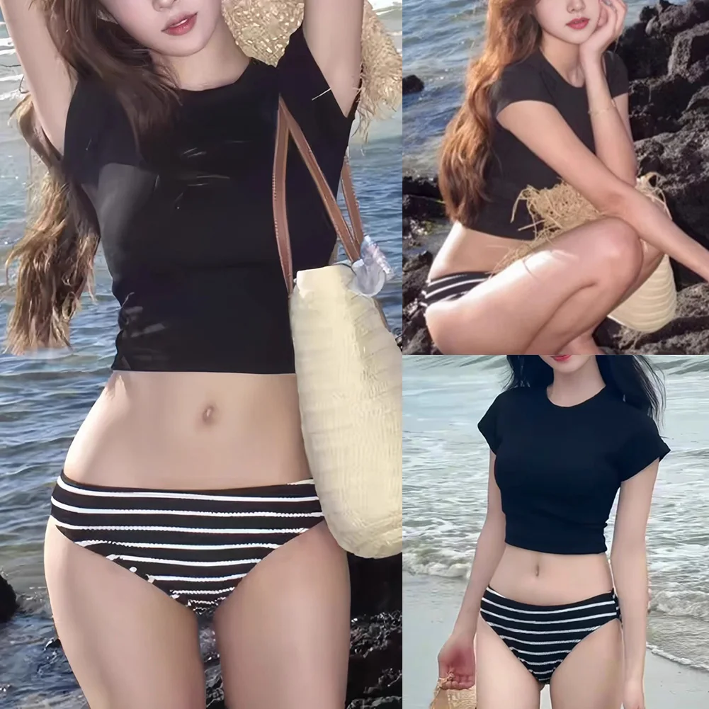 ชุดบิกินี่สตรี 3 ชิ้นพร้อมเสื้อยืดแขนสั้น ชุดว่ายน้ำลายทางสำหรับปาร์ตี้ริมสระน้ำชายหาด ชุดว่ายน้ำแฟชั่นฤดูร้อนแบบแยกส่วน S-XL