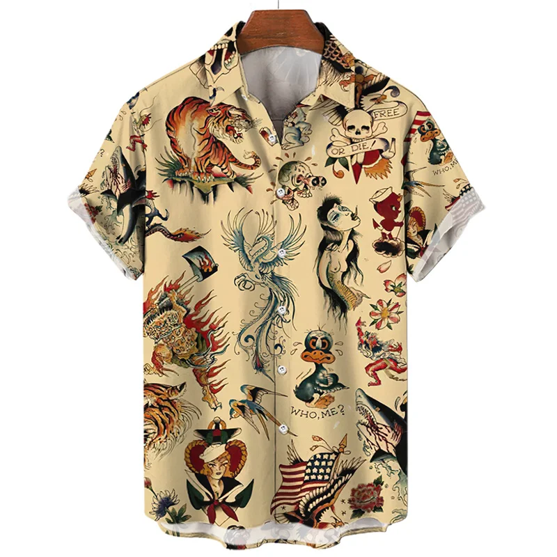 3D Print Monkey Skeleton Scissors Shirts Men Animal Patterns Button Shirt Summer Hawaii Short Sleeves Casual Loose Aloha Shirts