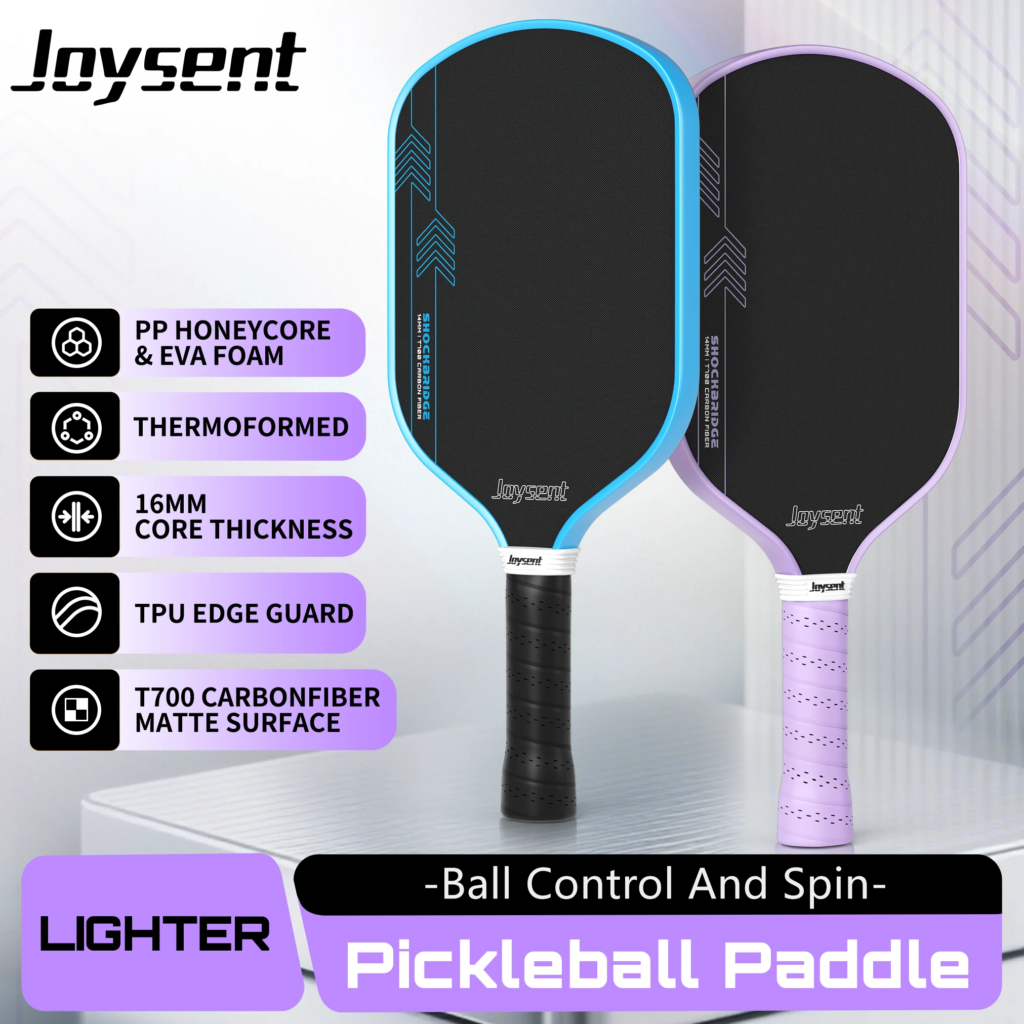 

Термоформованная ракетка для пиклбола Joysent T700 из необработанного углеродного волокна с сотовым сердечником 16 мм для вращения и контроля, легкая, для всех уровней подготовки.