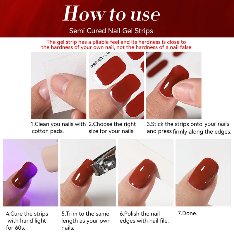 Harunouta 16 tiras de gel semi curado con degradado rojo, mármol y líneas doradas, tiras de uñas de gel DIY para uñas, funcionan con UV/LED 6