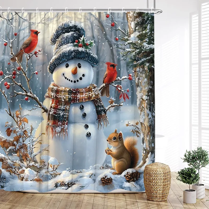 Forest Cute Snowman Shower Curtain Red Bird Berry Squirrel Winter Snow Christmas Bath Curtains Fabric Bathroom Decor with Hooks