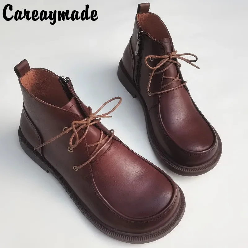 Careaymade-Genuine Leather wide version women's boots Natural Cowhide warm wool big size shoes single Men's ankle short boots