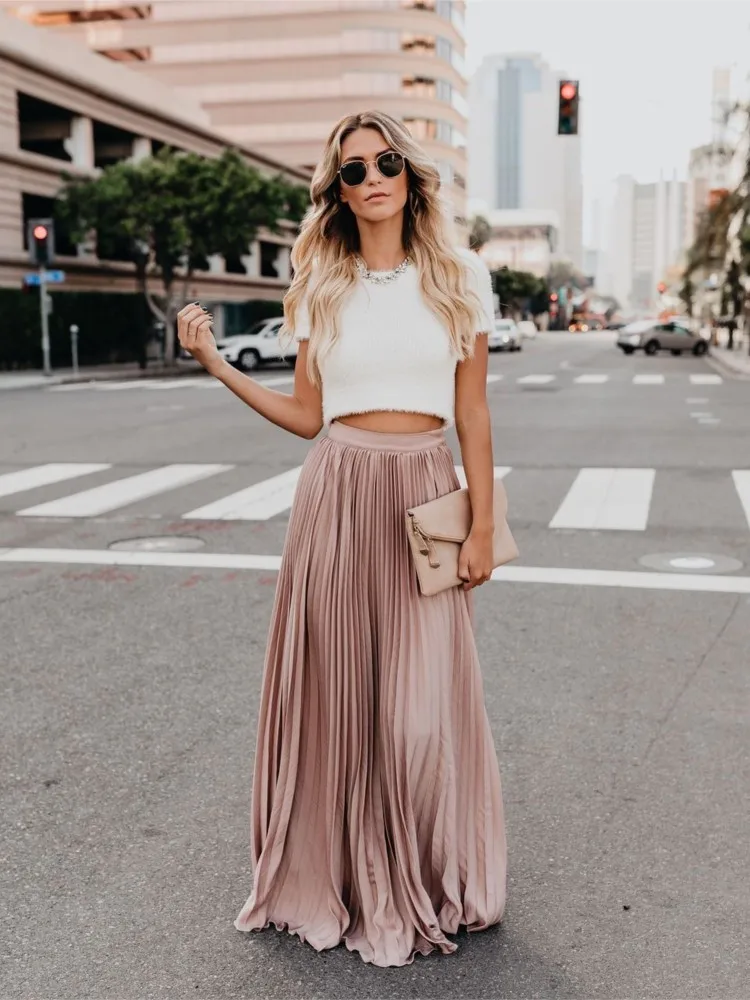 Foreign Style Solid Pleated Skirt For Woman Spring Summer Fashion High Waist Streetwear Ladies Simple Style Big Hem Long Skirts