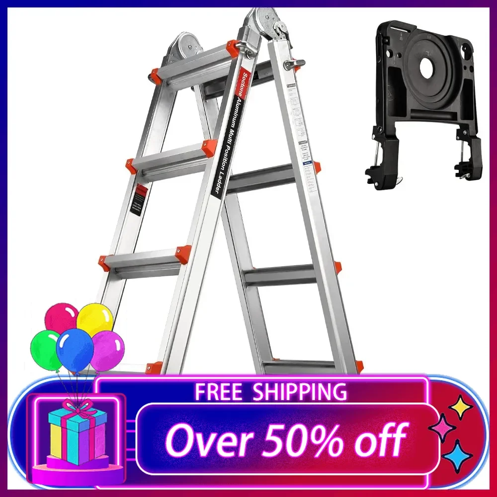 

Folding Ladder, A Frame 4 Step Extension Ladder,14 Ft with Multi Position&Removable Tool Tray with Stabilizer Bar,330 lbs Weight