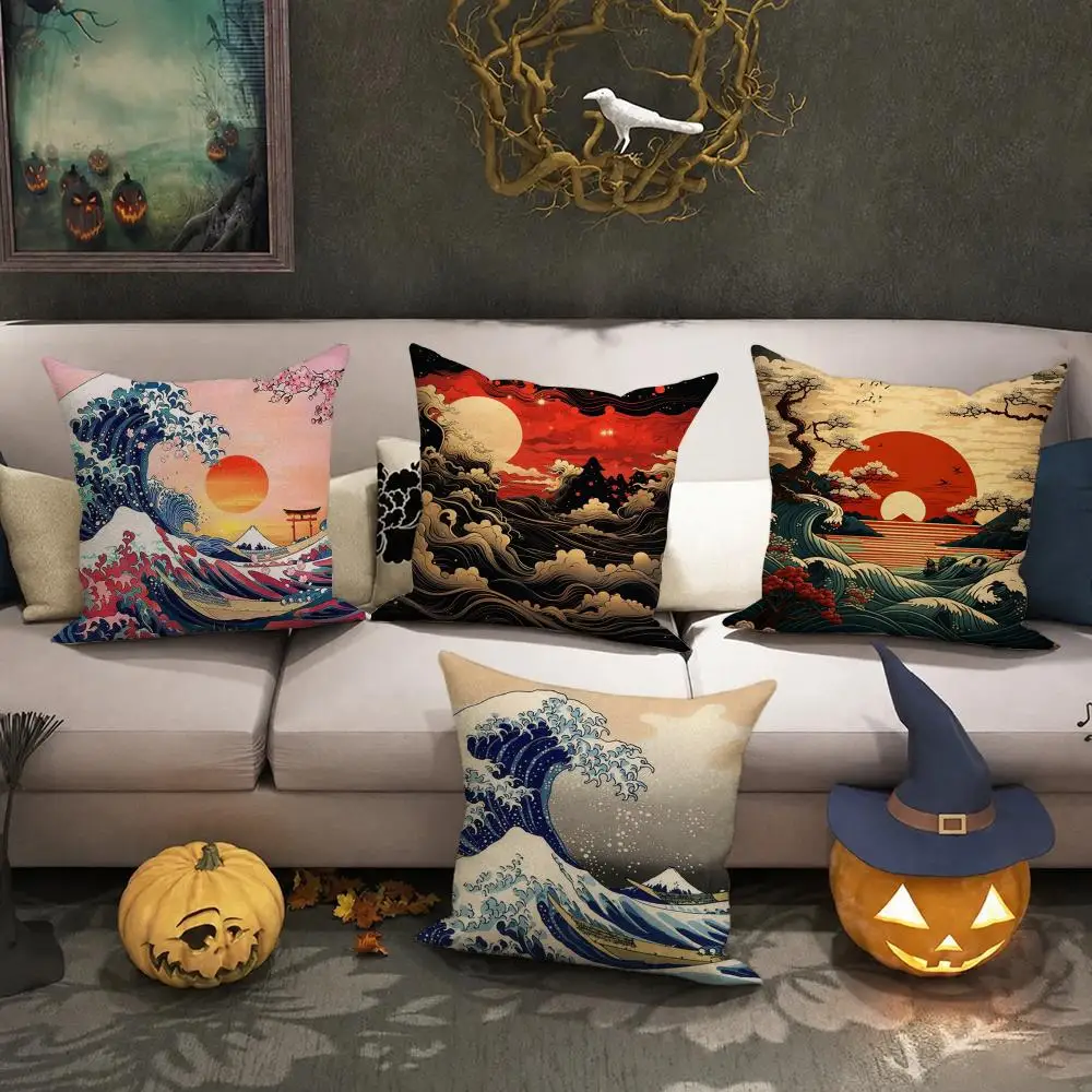 Japanese Waves Cushion Cover Halloween decoration trick or treat cushion cover, ghost, pumpkin head, bat decoration