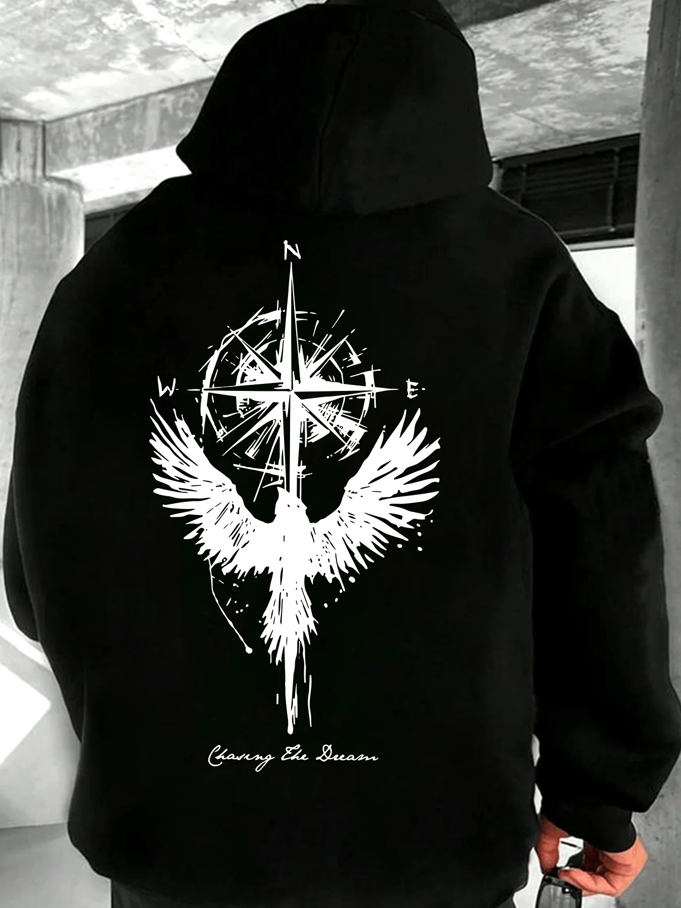 Men's Streetwear Hoodie with Compass Wing Prin Soft and Comfortable Perfect for Autumn and Winter Outdoor Activities  Sweatshirt