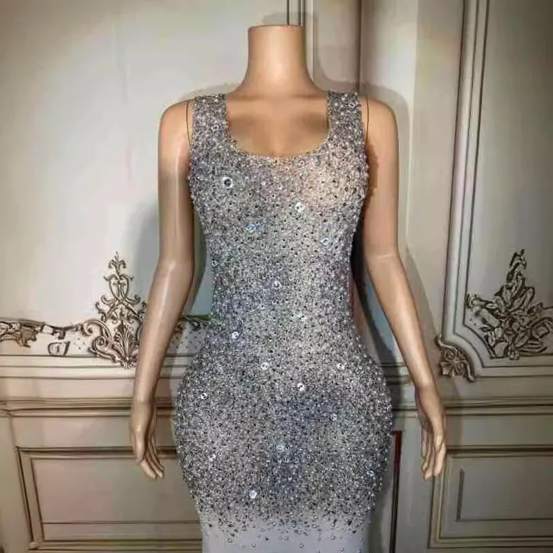誕生日服ダイヤモンドパフォーマンス服シルバーラインストーンドレス気質イブニングエレガントなイブニングドレス女性エレガント