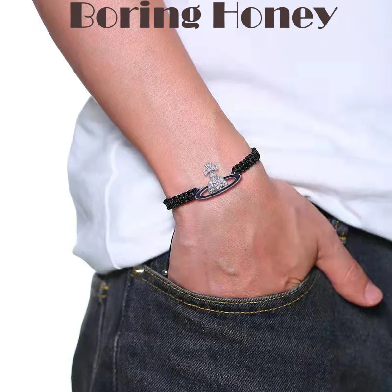 

Boring Honey Fashion Hand-Woven Saturn Cross Alloy Full Rhinestone Punk Style Adjustable Bracelet Can Worn By Men Women