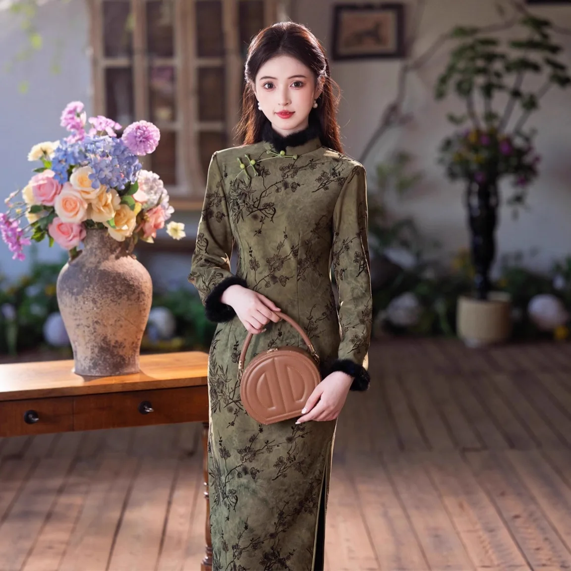 

Yourqipao Winter Chenille Super Soft Qipao Tie-Dyeing Plus Velvet Thickened Long Cheongsam Chinese Style Evening Dress for Women