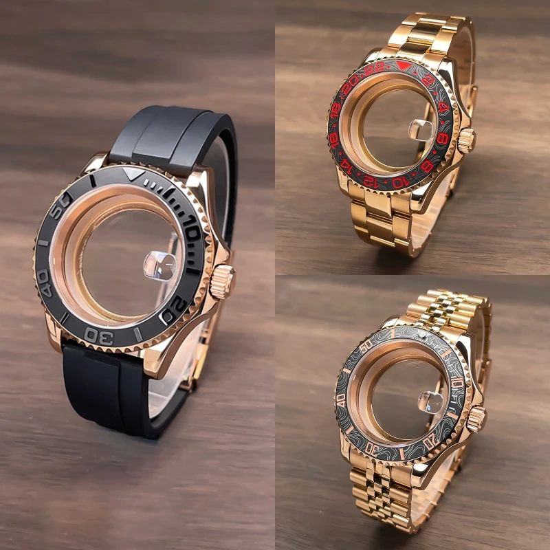 

Корпус NH35 40 мм, полностью розовое золото YM, двусторонний вращающийся безель, резиновый или юбилейный ремешок, сапфировое стекло, подходит для часов с механизмом NH35 NH36