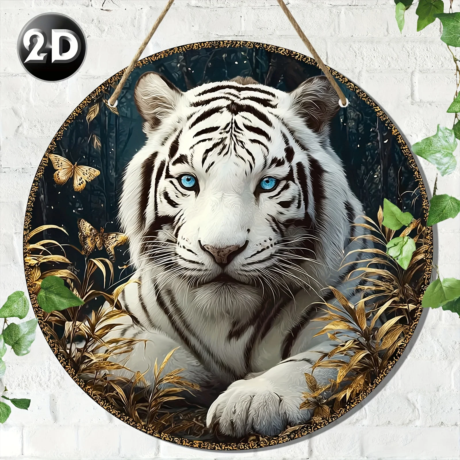 2D Flat - A 2D Flat Design Featuring a White Tiger (3) Themed Round Wooden Sign Decorative Art Piece, Made with High-Quality Mat