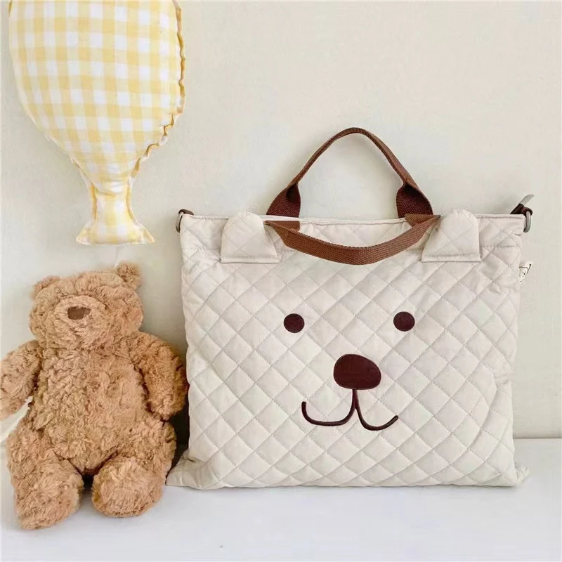 

Quilted polyester diaper bag with cute bear face design, roomy maternity tote bag with crossbody strap, multi-purpose baby stora