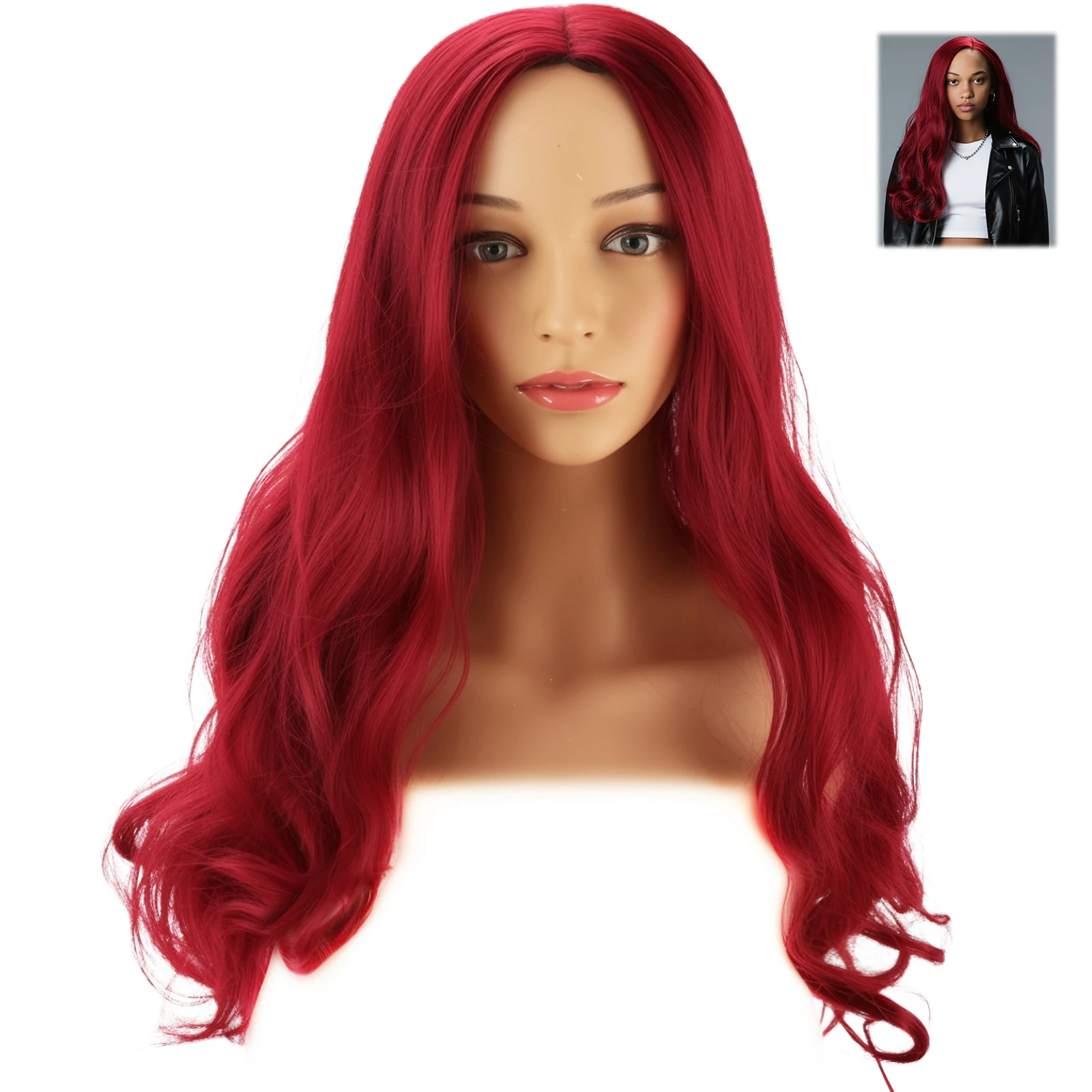 Heat-Resistant Curly Wig Elegant for Stage Performance Wine Red Long Synthetic Hair Middle Part Cosplay Party Wigs Dropshipping