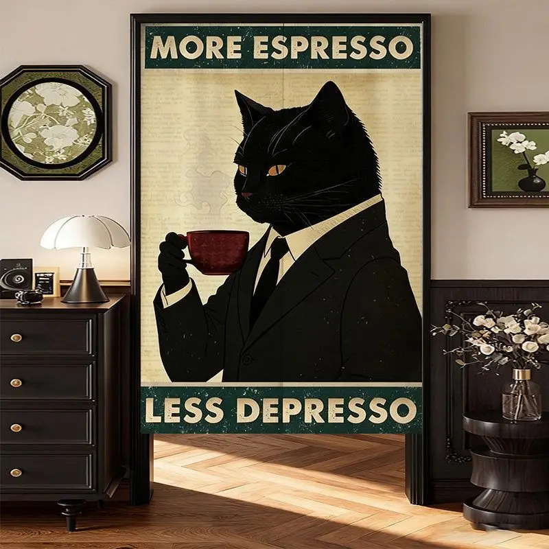 American Retro Fun Cat Door Curtain, Funny Black Cat Poster Pattern, Home Use, No Punching, Room Cover, Decorative Curtain
