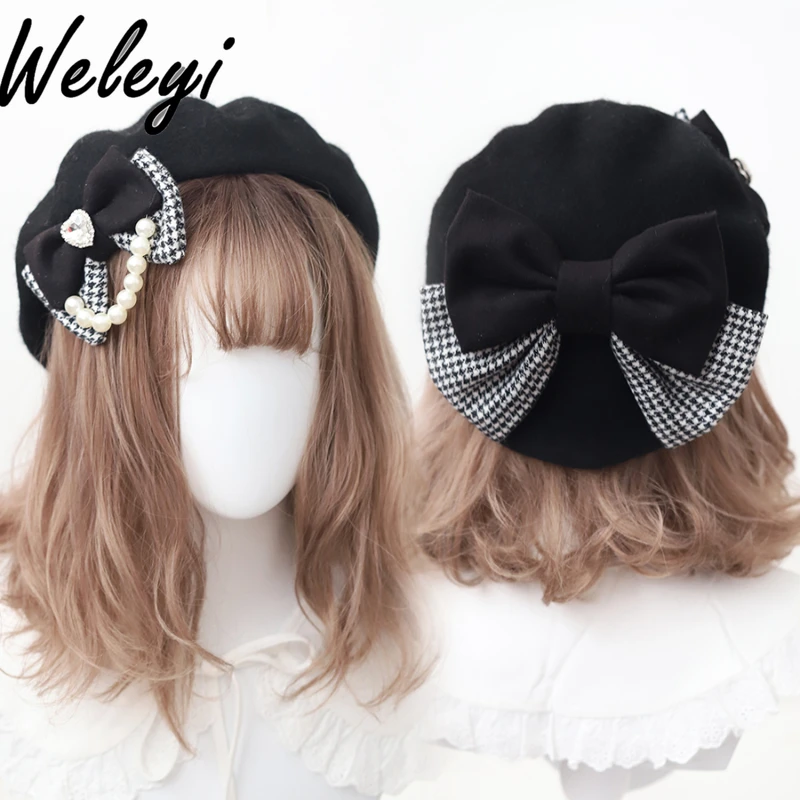 Jirai Kei Bow Beret Hats for Women 2024 Spring New Original Cute Black and White Color Pearl Rhinestones Berets Ladies Caps