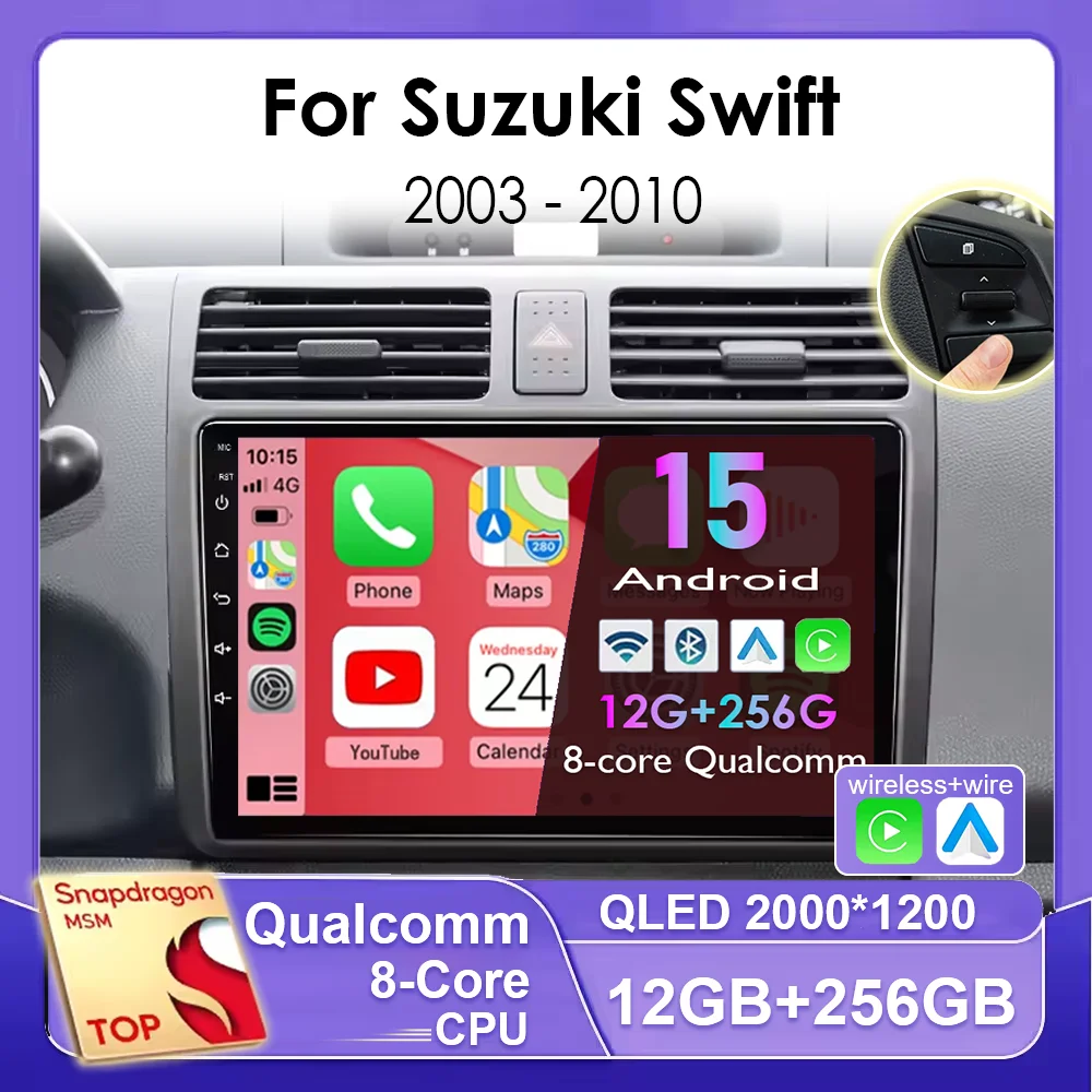Rádio Multimídia Android 15 para Carro com Navegação GPS para Suzuki Swift 2003-2010 CarPlay Auto Sem DVD 2 din GPS