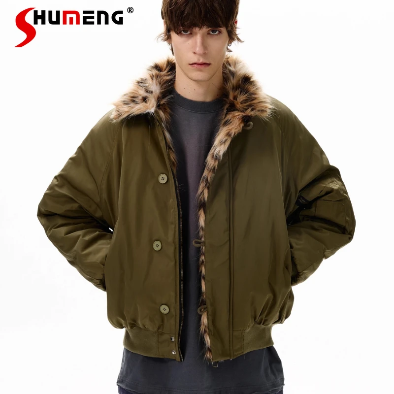 

2025 Couple Winter New American Style Leopard Print Coats Faux Fur Collar Jackets Men Women High-end Thick Warm Trendy Parkas