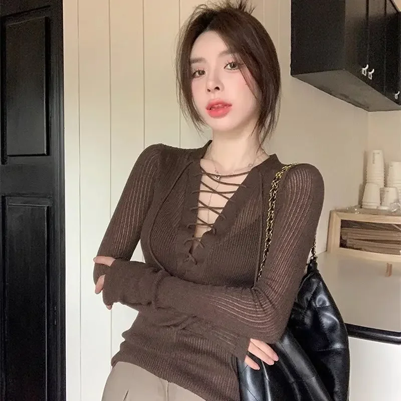 Spring Autumn New Solid Color V-neck Long Sleeve Fashion Sweater Women High Street Casual Slim Drawstring Patchwork Pullovers