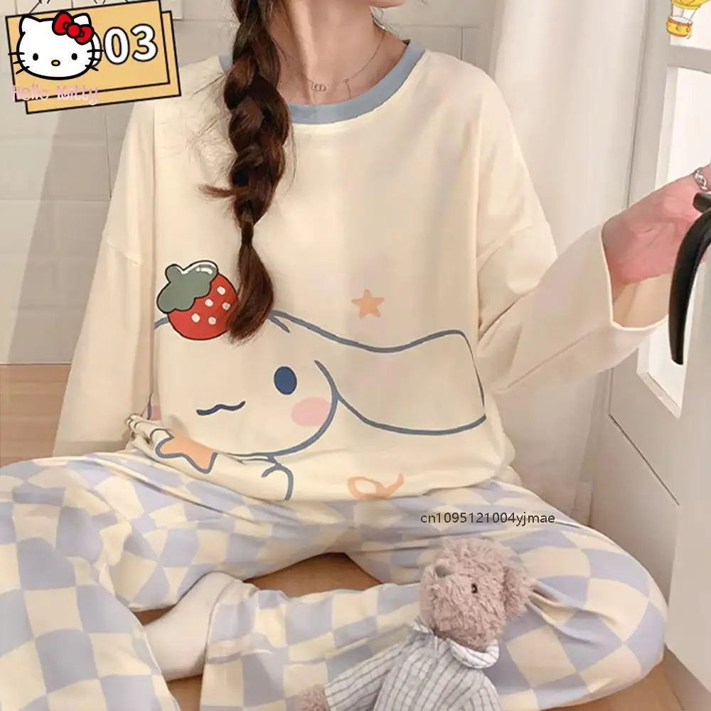 

2Pcs Pajama Suit Sanrio for Women Kawaii Cinnamoroll Anime Long Sleeve Pants Autumn Cotton Soft Homewear Loose Girl Sweet Cute
