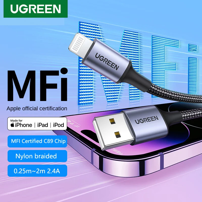 

UGREEN MFi USB A to Lightning зарядный кабель в оплетке для Apple iPad iPhone 14 13 12 11 8 кабель для передачи данных Carplay 25 см 50 см 1 м 1,5 м 2 м