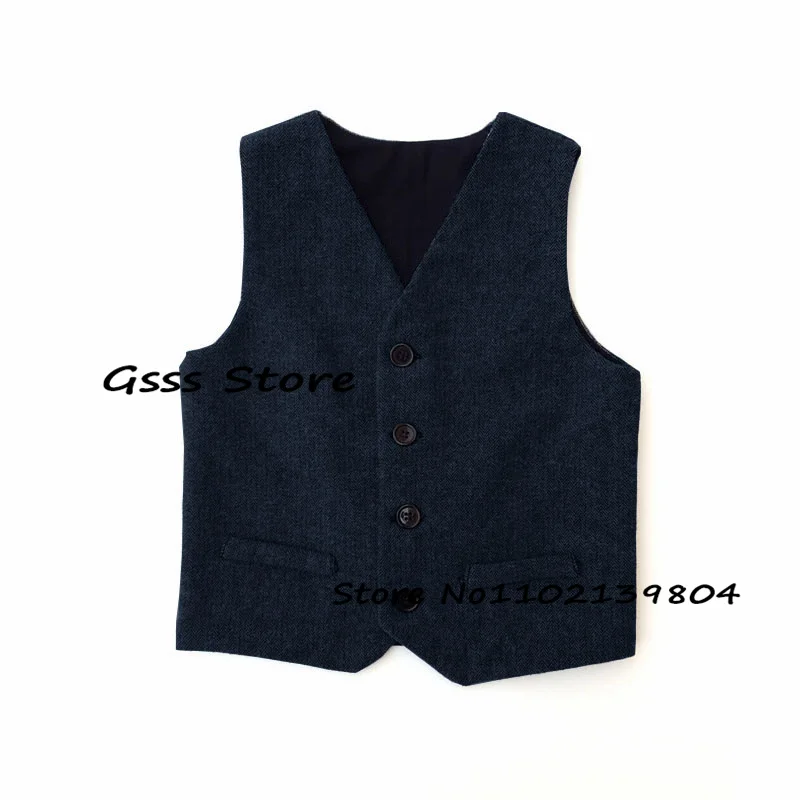 Wool Child Suit Vest Retro Herringbone Kids Sleeveless Jacket Boys WaistcoatV Neck 4 Button Clothes