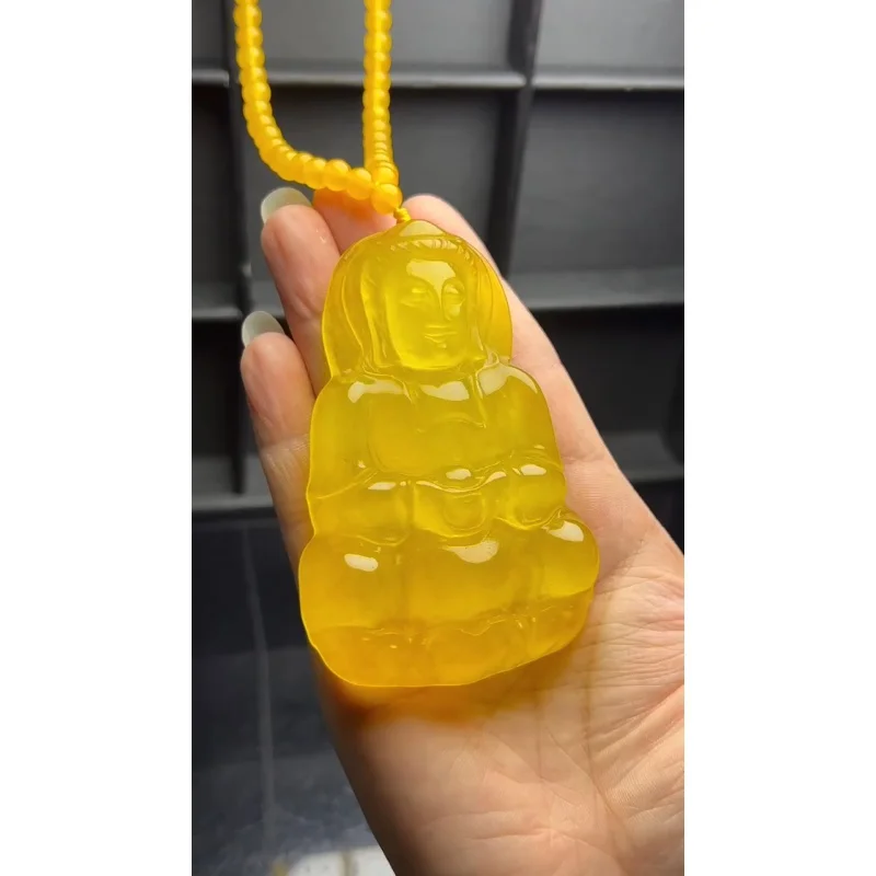 Certified Natural Ice yellow jade Jadeite Carved Guanyin Pendant&Necklaces Guanyin