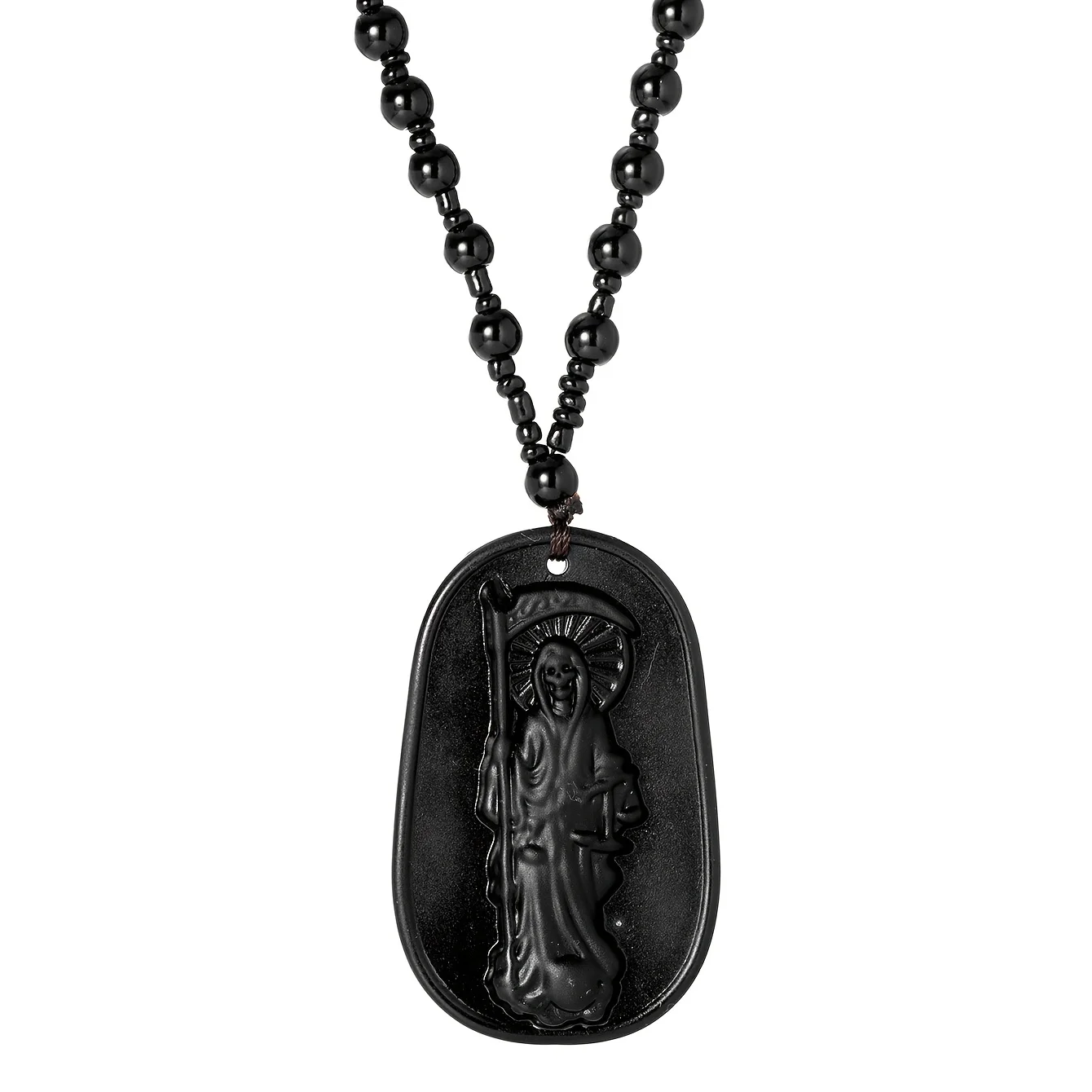 Men's and Women's Necklace: Black 3D Relief Pendant Featuring the Grim Reaper with Scythe and Skull