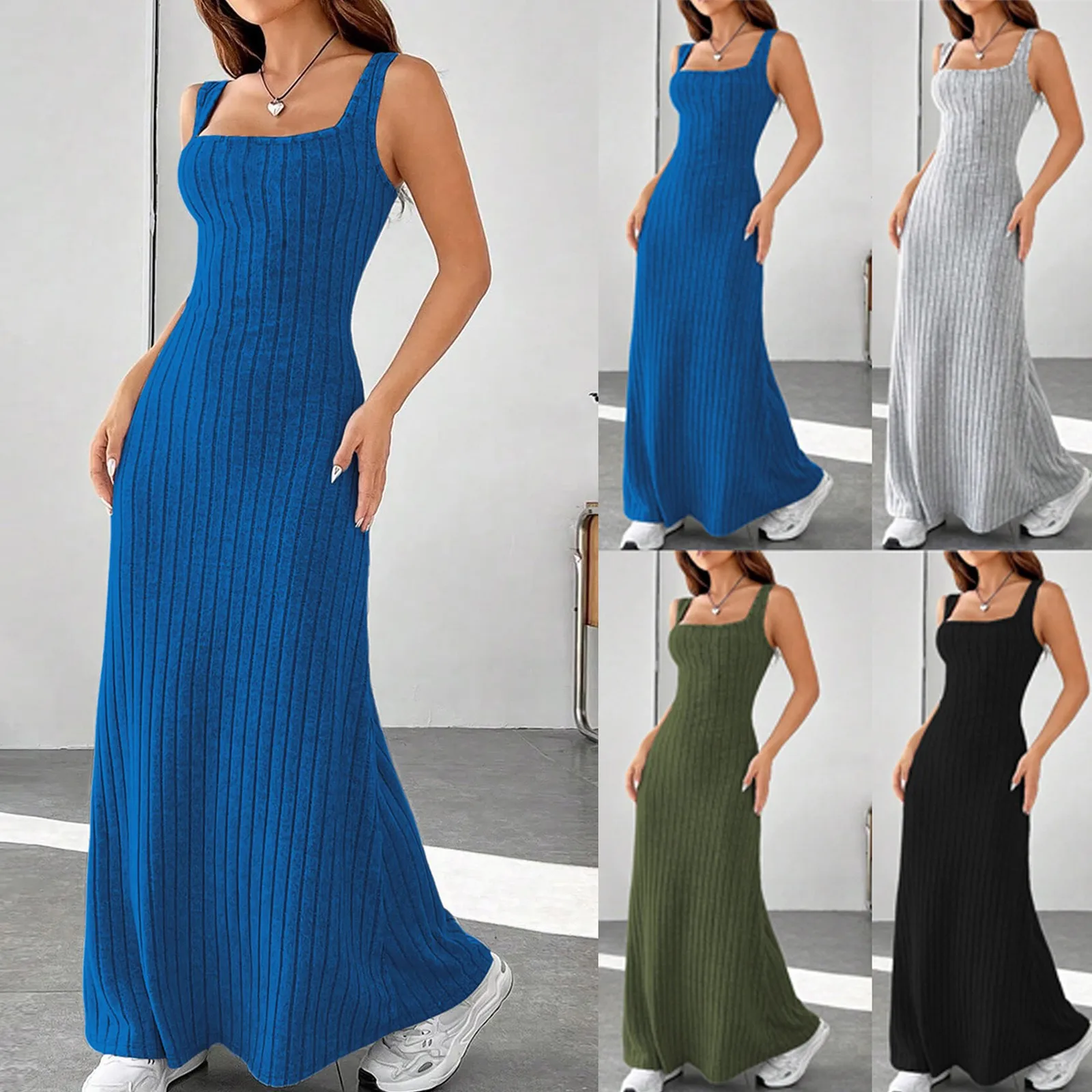 Women'S Tank Dresses Autumn New Casual Fashion Pit Strip Sanding  Dress Sexy Slim Fit Square Neck Daily All-Match Maxi Dress