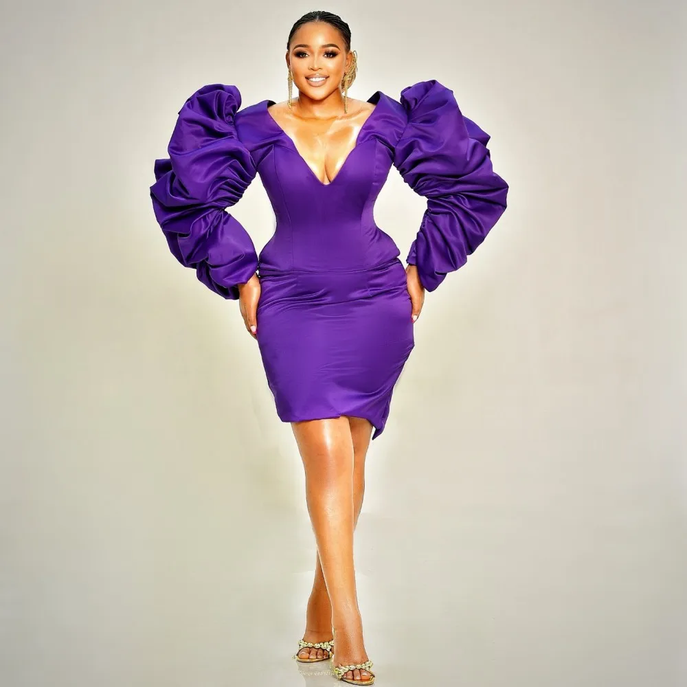 الأرجواني طويلة الأكمام فساتين حفلة موسيقية العميق الخامس الرقبة Ruched فوق الركبة حورية البحر فستان الحفلات المسائية الفتيات فساتين المناسبات الخاصة