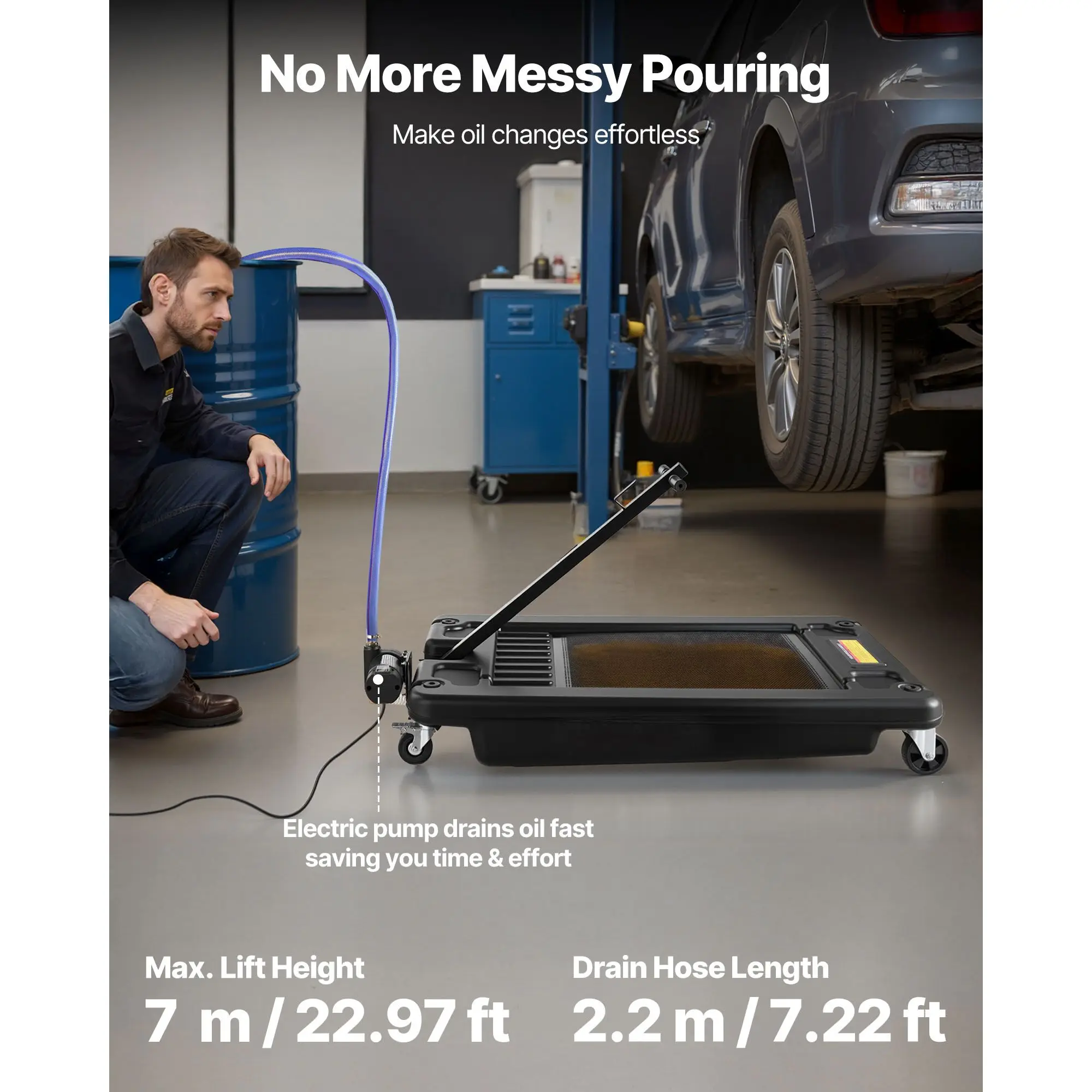 Low Profile Oil Drain Pan, 17 Gallon Capacity, Rolling Oil Drain Pan with Electric Pump & 7.2 ft Hose, Leak-proof & Corrosion-re