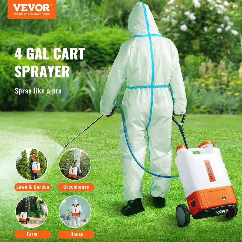 4 Gallon Battery-Powered Backpack Sprayer on Wheels, 0-94 PSI Adjustable Pressure, 8 Nozzles, 2 Wands, 12V Battery for weeding &