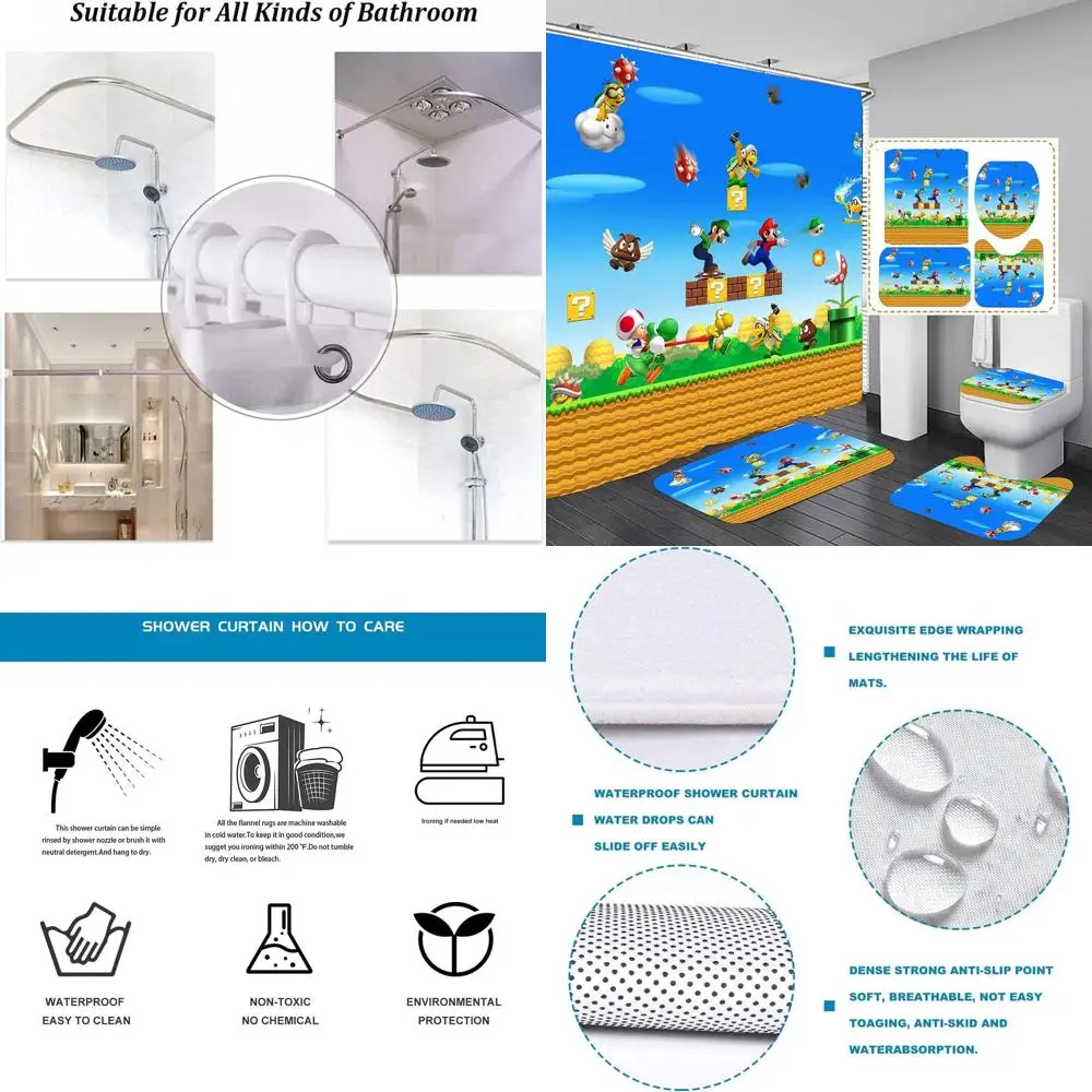 

Mario Bathroom 4-Piece Set: Shower Curtain, Toilet Seat Cover, Bath Mat, and Non-Slip Rugs - Waterproof and Durable for Decorati