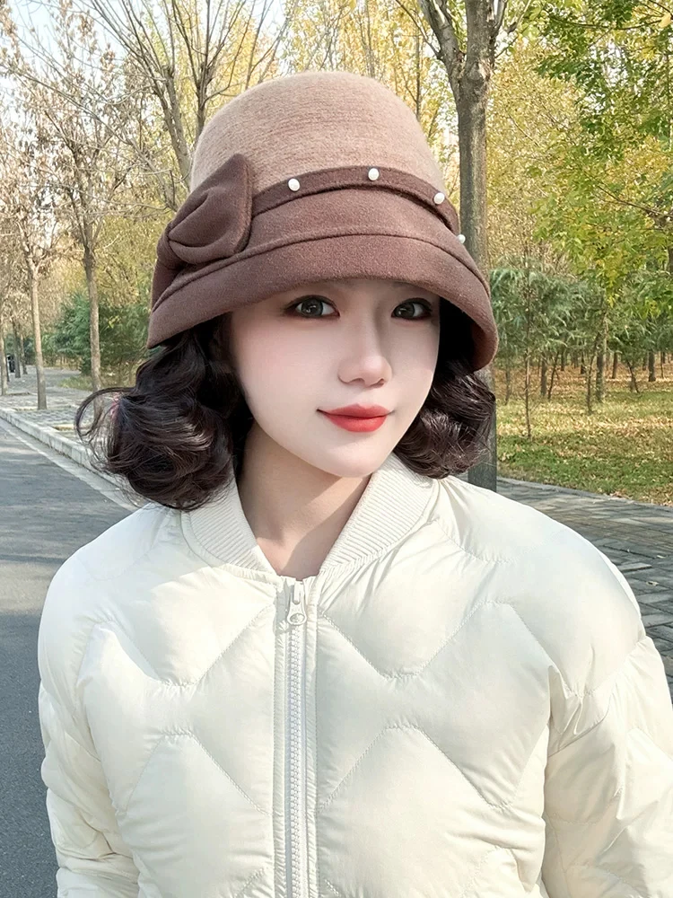 vintage elegant wool small hat Synthetic integrated Hat wig Autumn And Winter fisherman's hat Warm hat wig for women daily wear