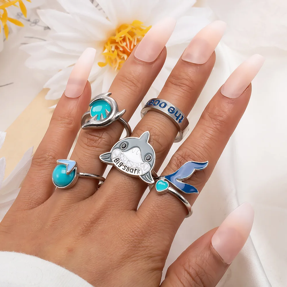 5pcs Rings Set Retro Personalized Turquoise Ocean Shark Seagull Love Drop Oil Ring For Women Cute Jewelry Accessories Party Gift