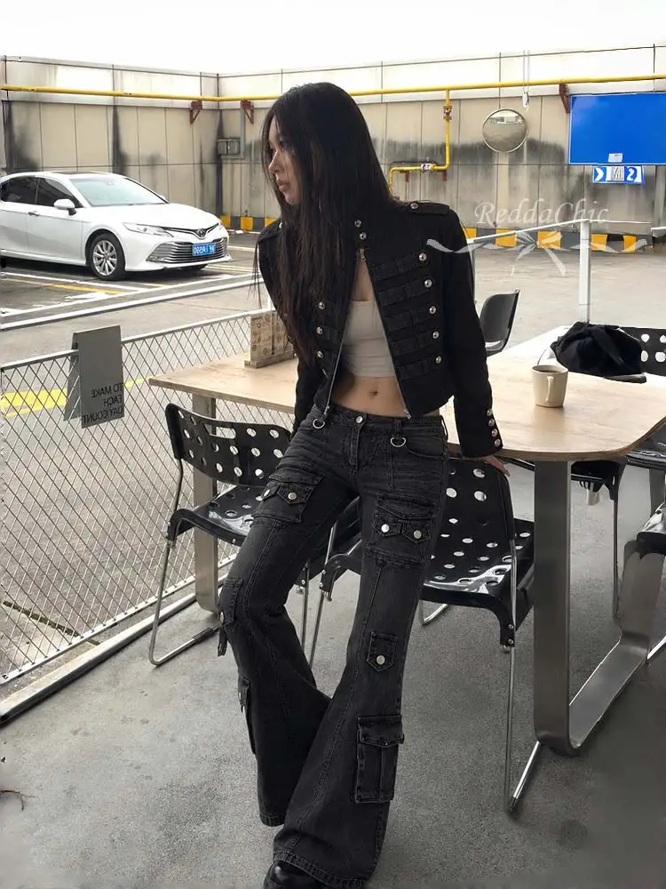 ReddaChic Denim Black Crop Jacket Pants Set Women Retro Low Rise Cargo Jeans Turtleneck Zip Military Jacket Napoleon Clothes