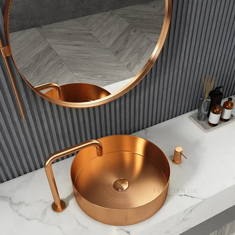 3 Colors Light Luxury Bathroom Sinks Golden Stainless Steel Above Counter Basin Home Wash Basin Bathroom Fixture Washing Sink