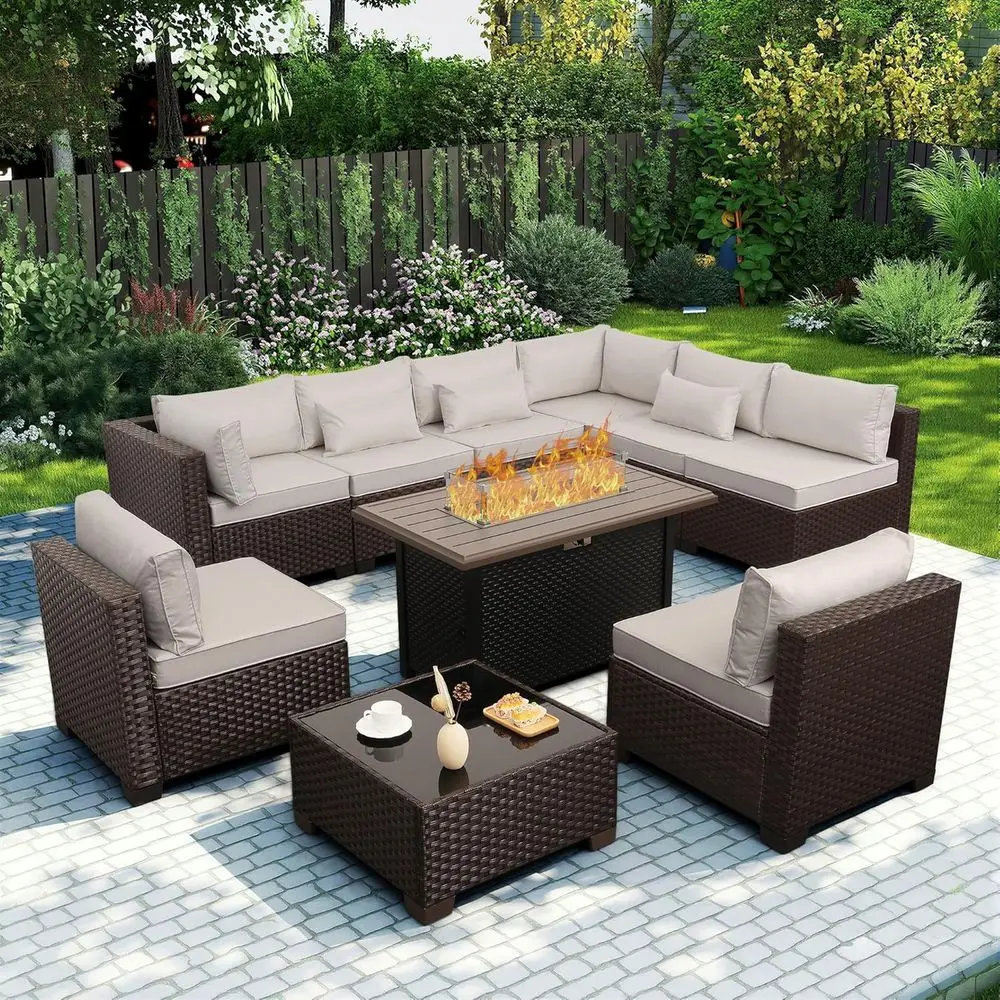 

All-Weather Wicker Outdoor Sectional Patio Furniture Set with Steel Frame, Glass Table, Non-Slip Cushions, and Waterproof Covers