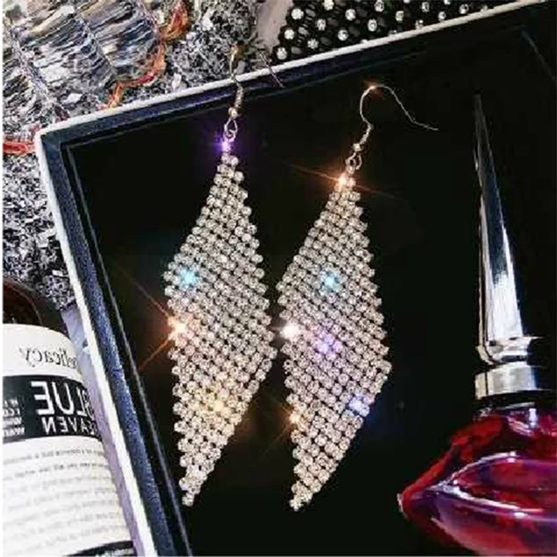 Fashion Silver Color Full Rhinestone Drop Earrings Rhombic Crystal Earring for Women Statement Jewelry Party Gift Wholesale