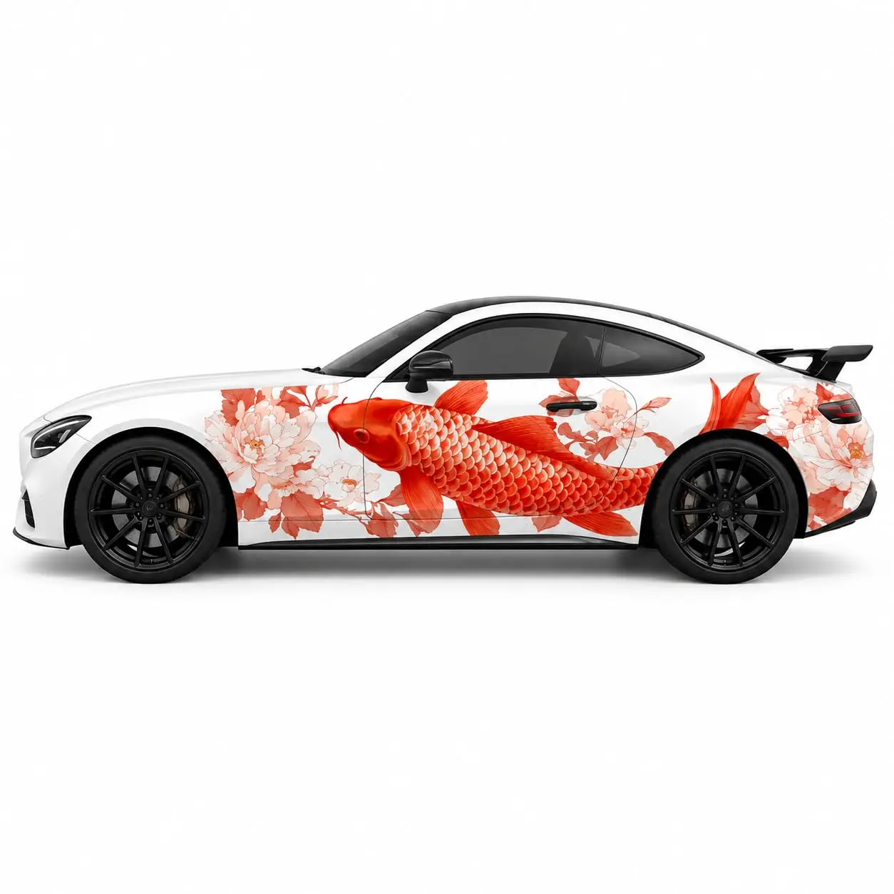 Koi Fish and Peony Floral Car Wrap Vinyl Decal, Red and White
